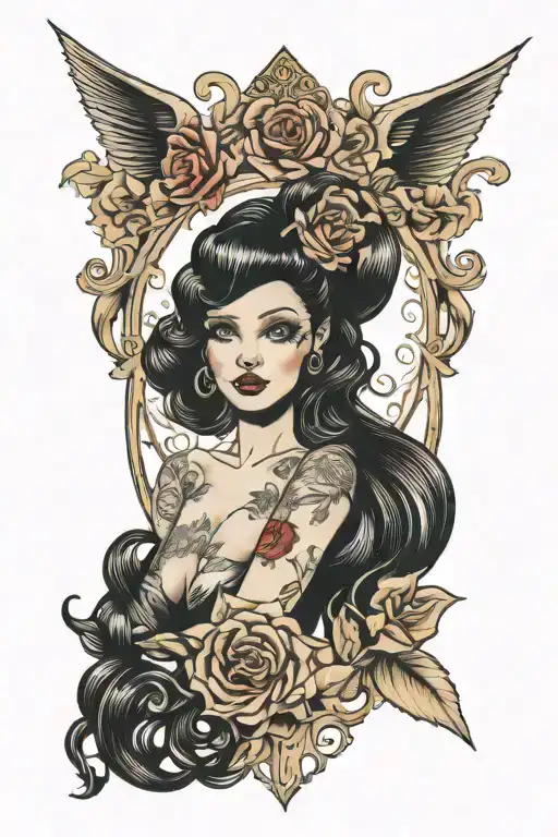 pinup girl goth death satanic black hair tattoo design idea