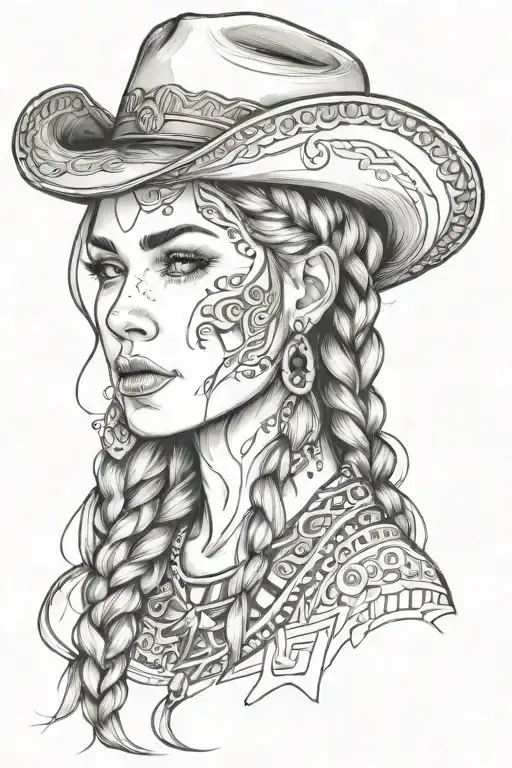 woman face western cowgirl braids tattoo design idea