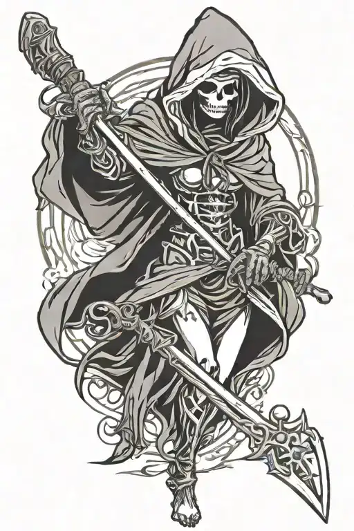 hooded grim reaper girl holding scythe tattoo design idea