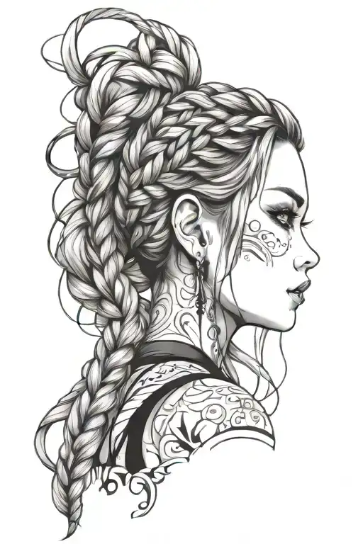 woman face braids tattoo design idea