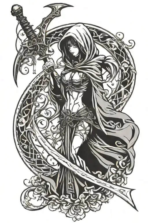 hooded grim reaper girl holding scythe tattoo design idea