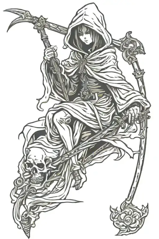 hooded grim reaper girl holding scythe tattoo design idea