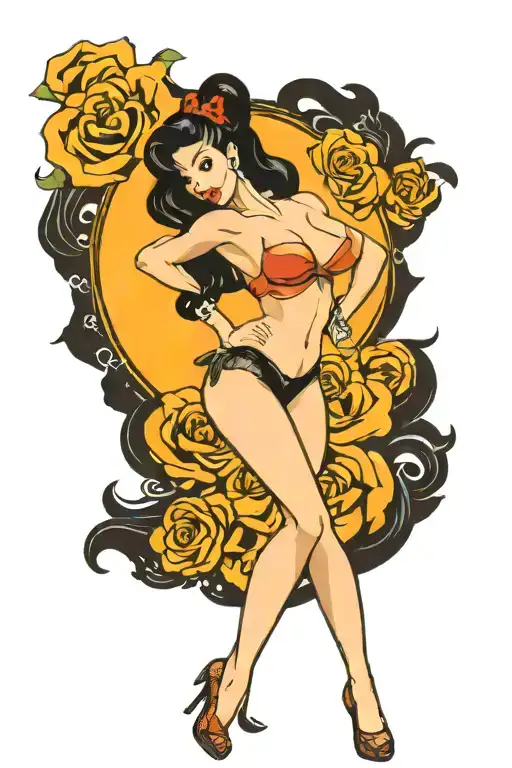 pinup girl sexy no border black hair full body standing tattoo design idea