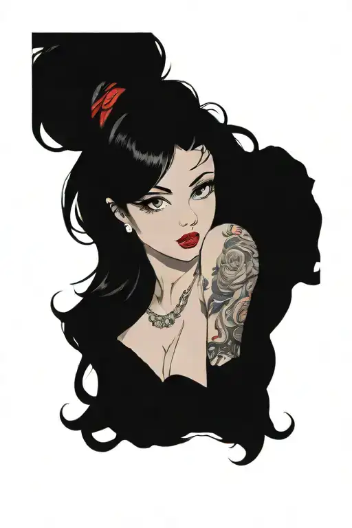pinup girl sexy no border black hair full body standing tattoo design idea
