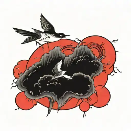 Japanese red sun simplistic with birds tattoo design idea