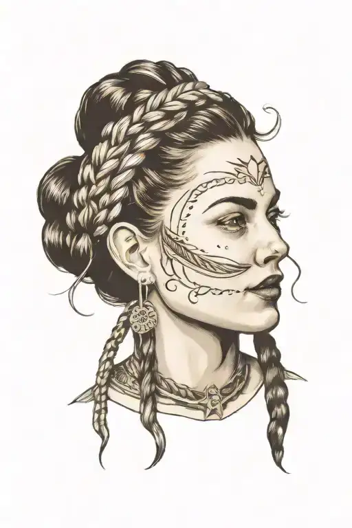 woman face braids tattoo design idea