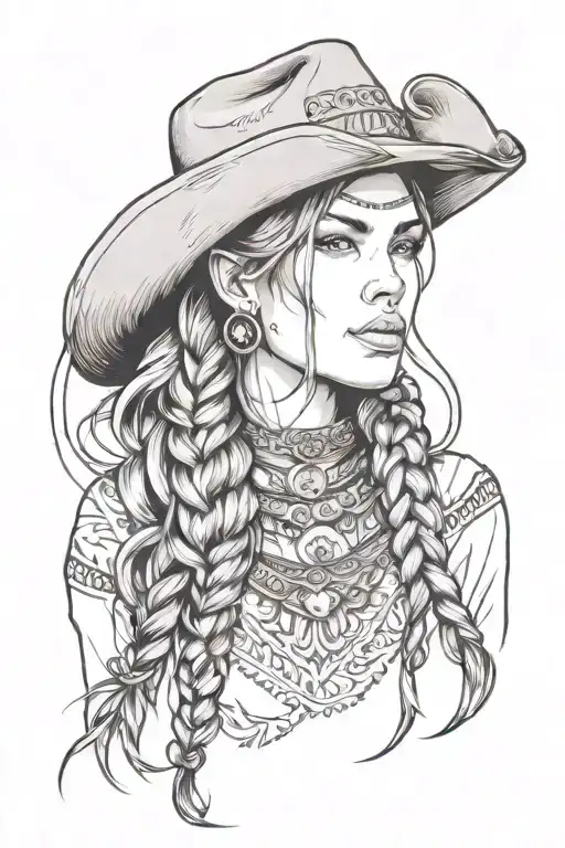 woman face western cowgirl braids native tattoo design idea