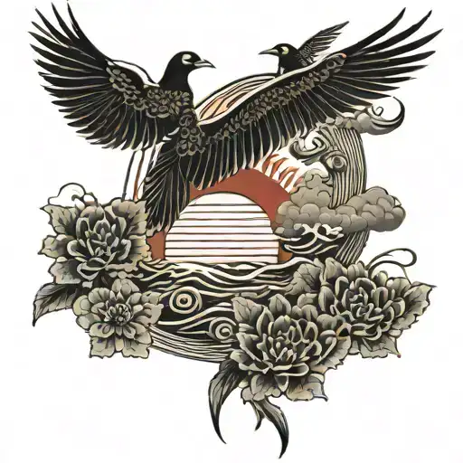 Japanese rising sun with birds tattoo design idea