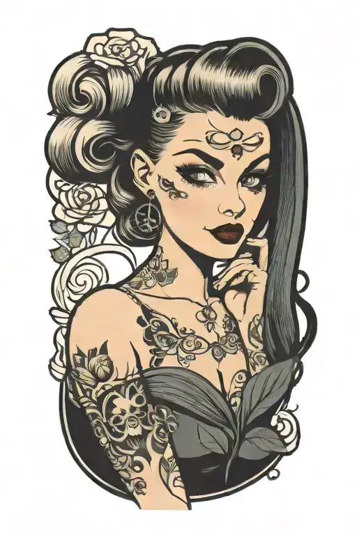 pinup girl goth white eyes tattoo design idea