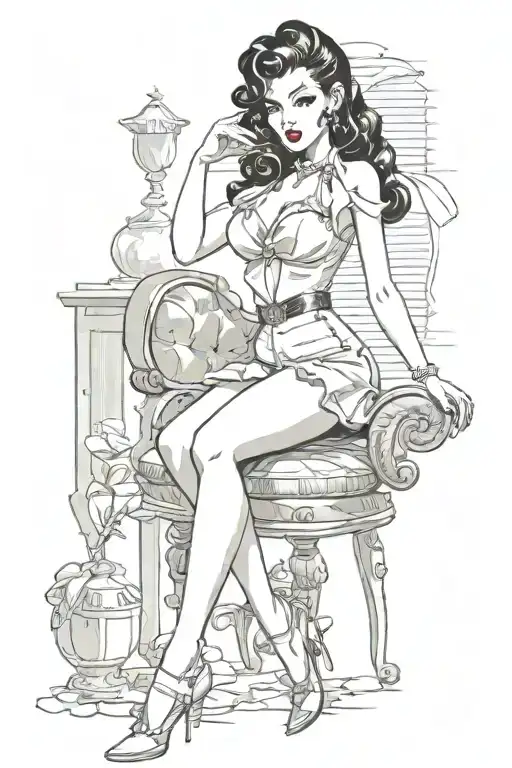 pinup girl sexy no border black hair full body tattoo design idea