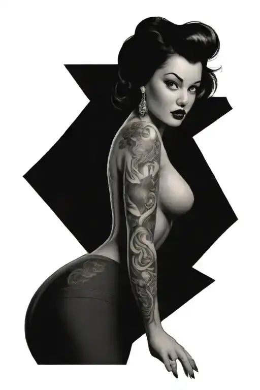 pinup girl sexy no border black hair full body tattoo design idea