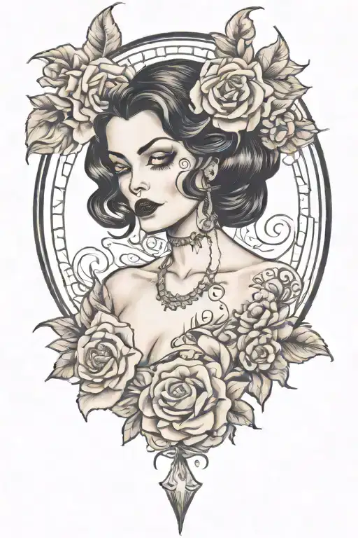 pinup girl goth death satanic black hair tattoo design idea