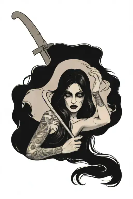 sexy grim reaper girl long hair tattoo design idea