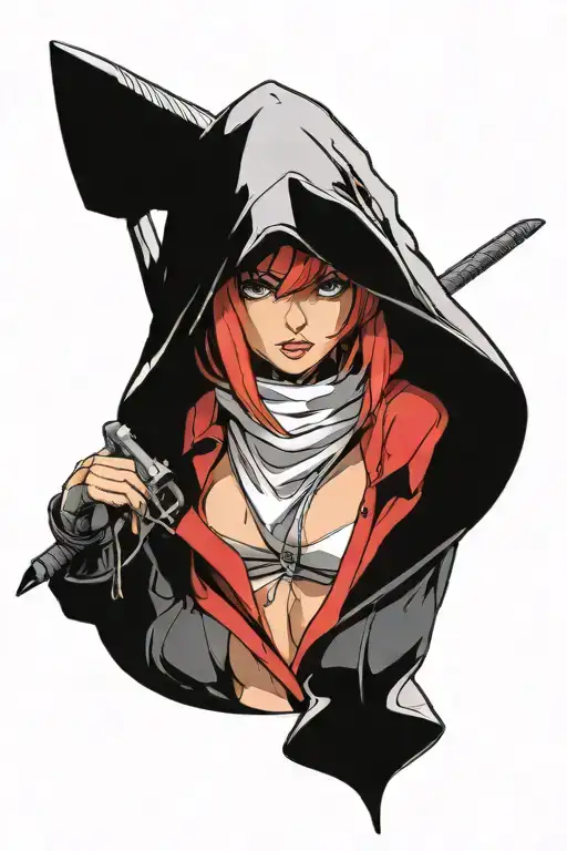 sexy assassin woman with hood tattoo design idea