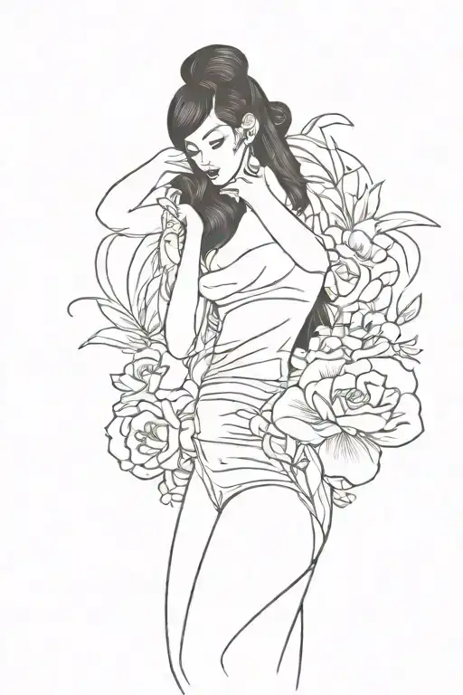 pinup girl sexy no border black hair full body tattoo design idea