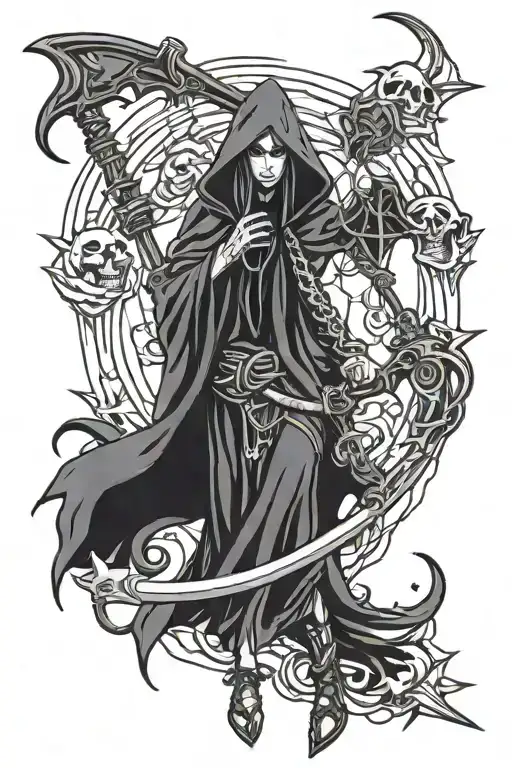 hooded grim reaper girl tattoo design idea