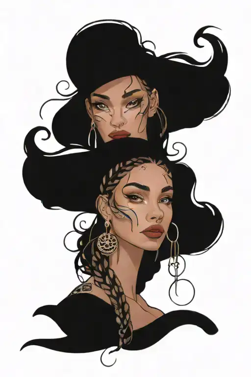 woman face braids tattoo design idea