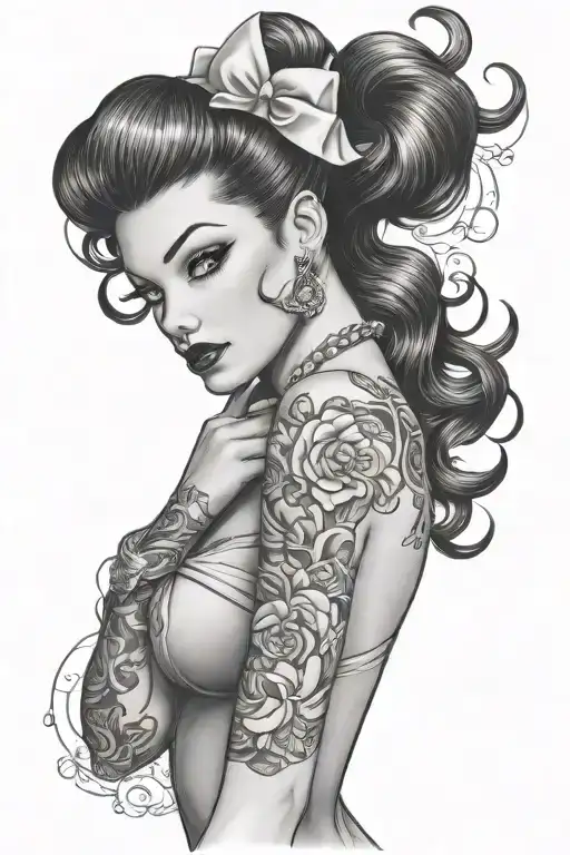pinup girl sexy no border black hair full body tattoo design idea