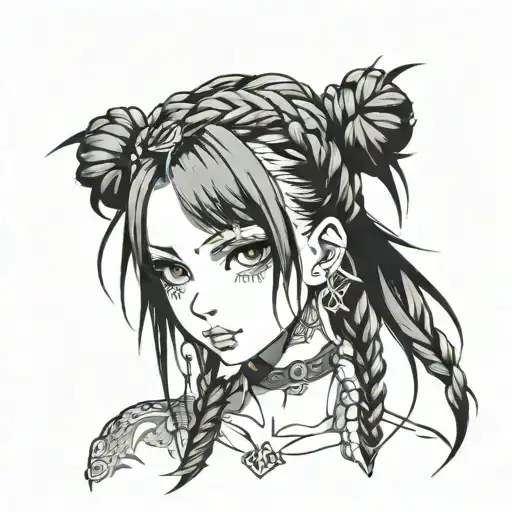 goth girl face braids tattoo design idea