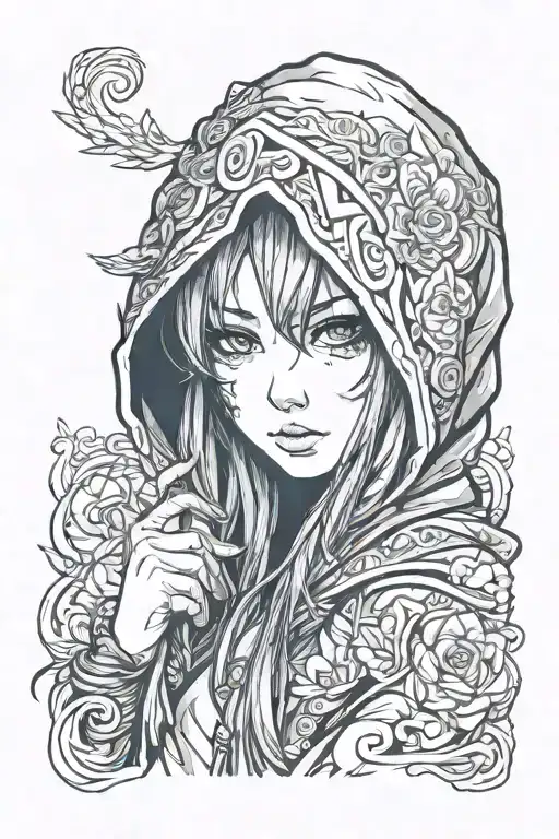 beautiful young woman face hooded tattoo design idea
