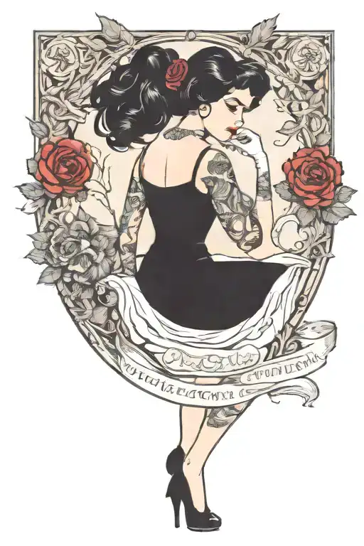 pinup girl goth death satanic black hair tattoo design idea