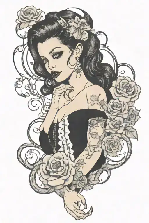 pinup girl goth death satanic black hair tattoo design idea