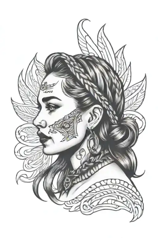 woman face braids tattoo design idea