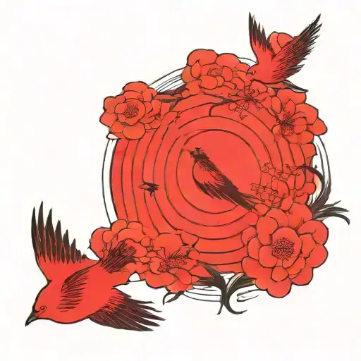 Japanese red sun simplistic with birds tattoo design idea