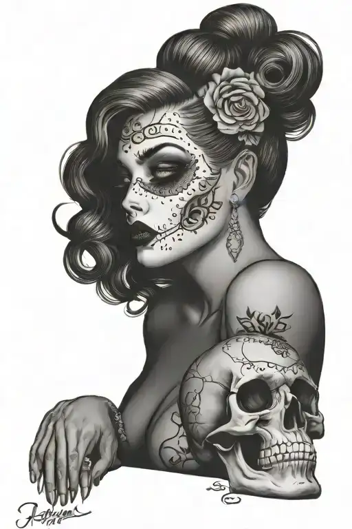pinup girl goth skull tattoo design idea