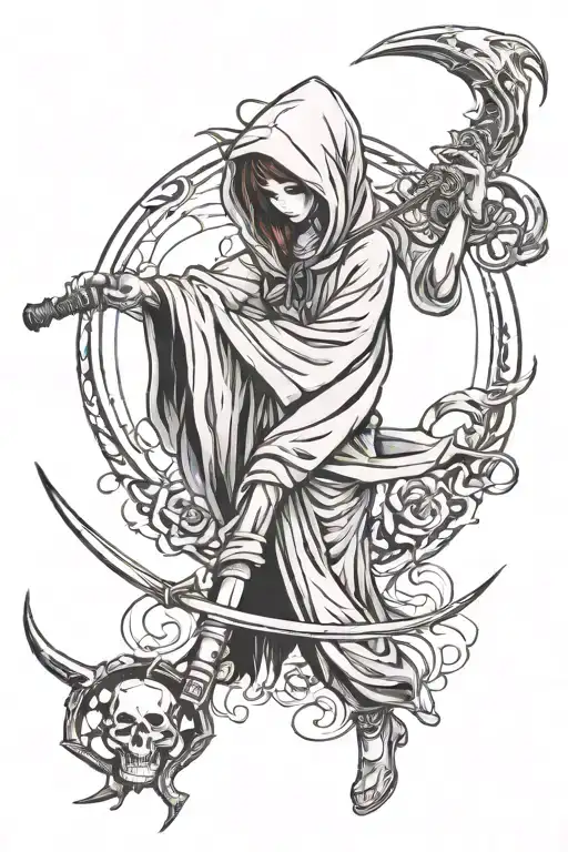hooded grim reaper girl holding scythe tattoo design idea