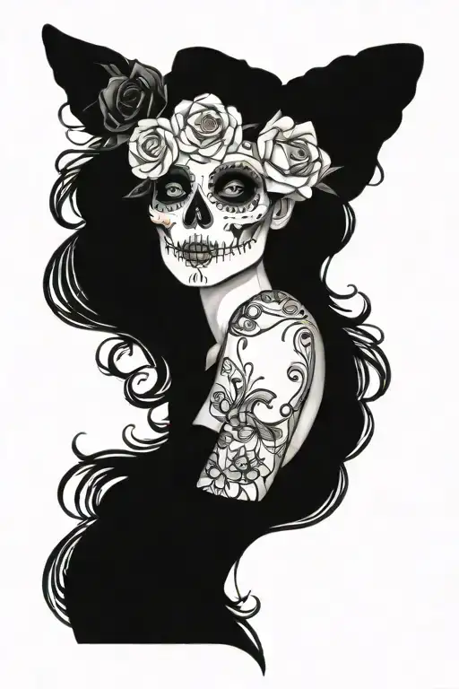 pinup girl goth skull tattoo design idea