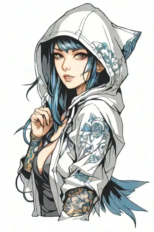 beautiful young woman face hooded tattoo design idea