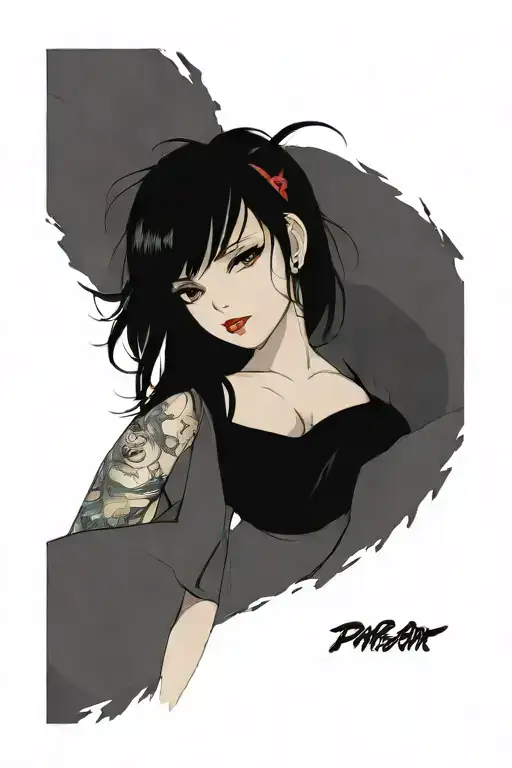 pinup girl sexy no border black hair full body standing tattoo design idea