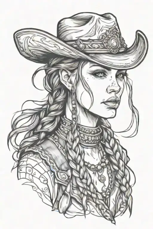 woman face western cowgirl braids tattoo design idea