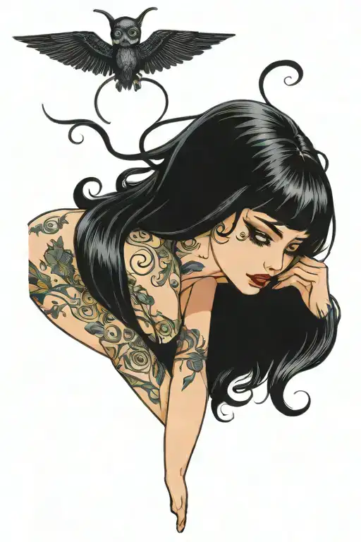 pinup girl goth death satanic black hair tattoo design idea