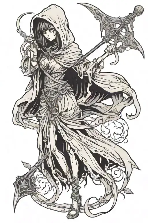 hooded grim reaper girl holding scythe tattoo design idea
