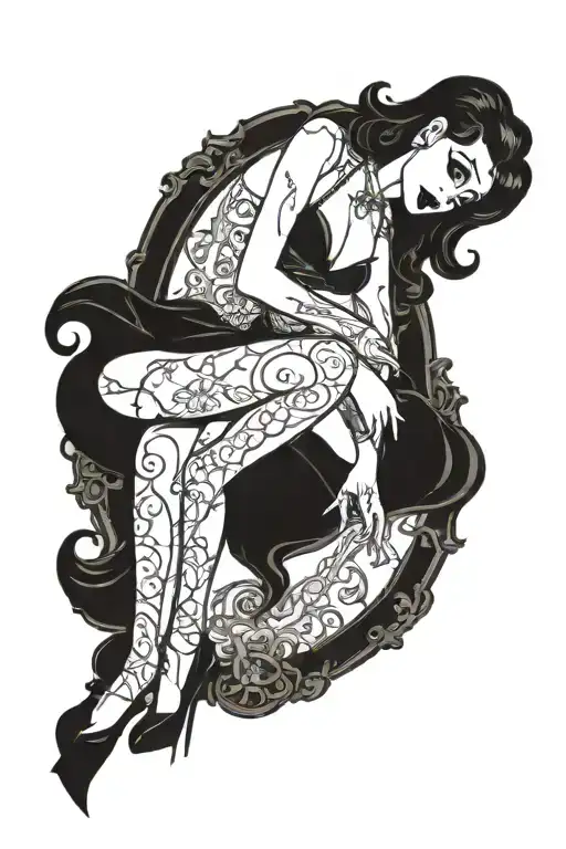 pinup girl sexy no border black hair full body standing tattoo design idea