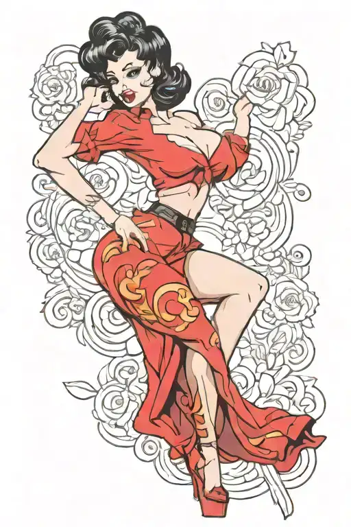 pinup girl sexy no border black hair full body standing tattoo design idea