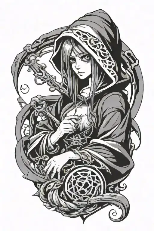 hooded grim reaper girl tattoo design idea