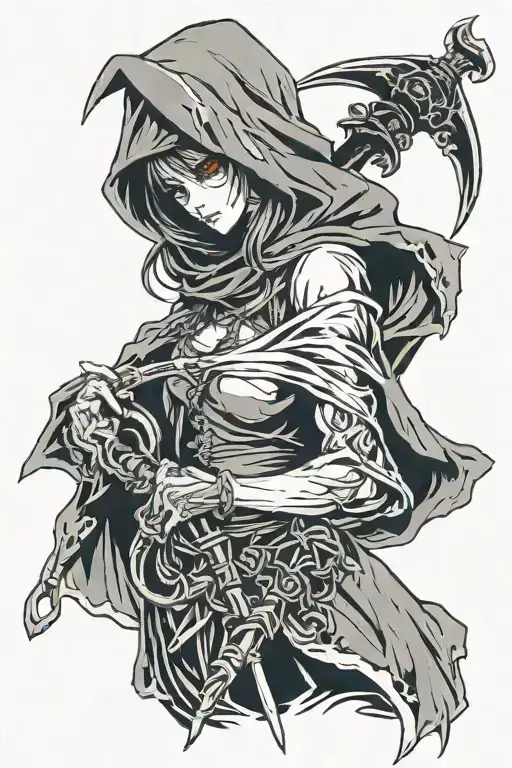 hooded grim reaper girl holding scythe tattoo design idea