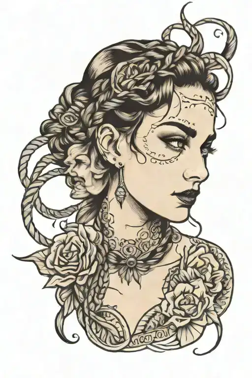 woman face braids tattoo design idea