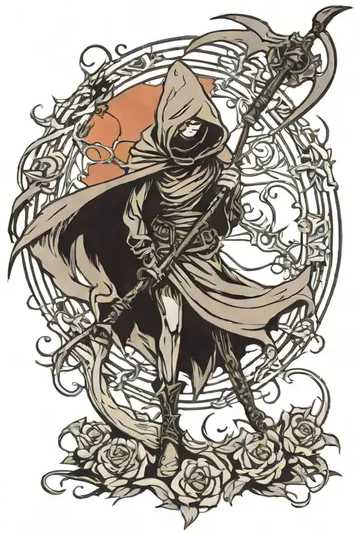 hooded grim reaper girl holding scythe tattoo design idea
