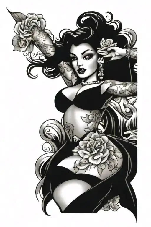 pinup girl sexy no border black hair full body tattoo design idea