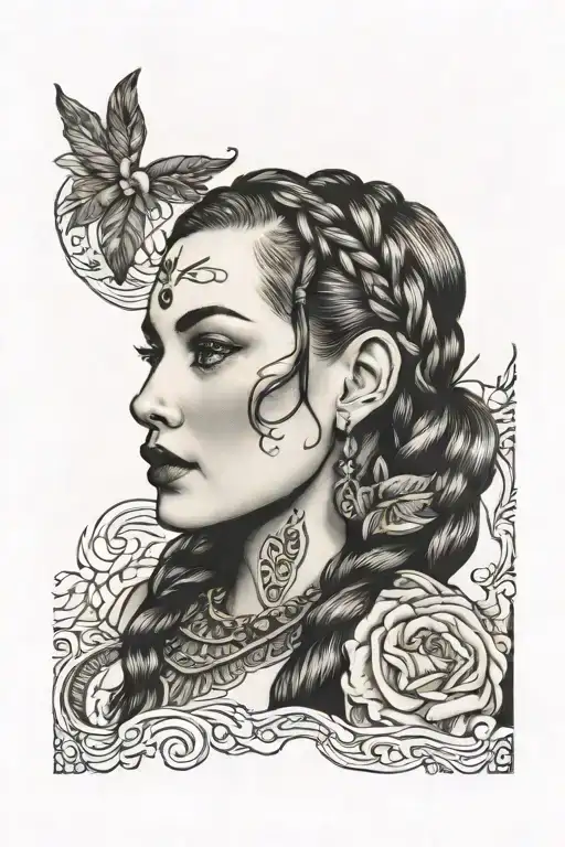 woman face braids tattoo design idea