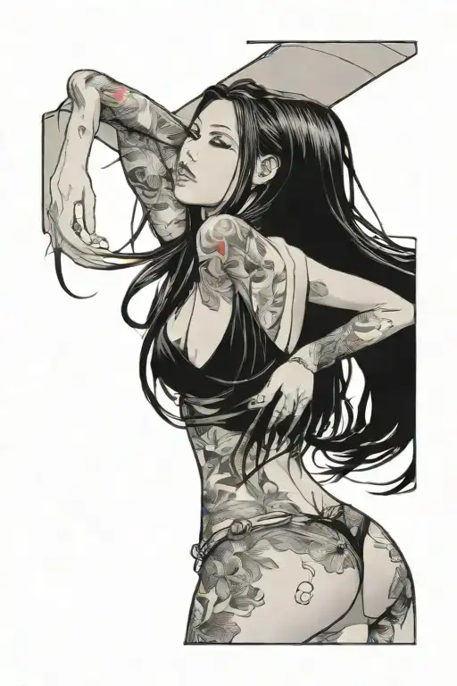 sexy goth girl long hair standing tall tattoo design idea