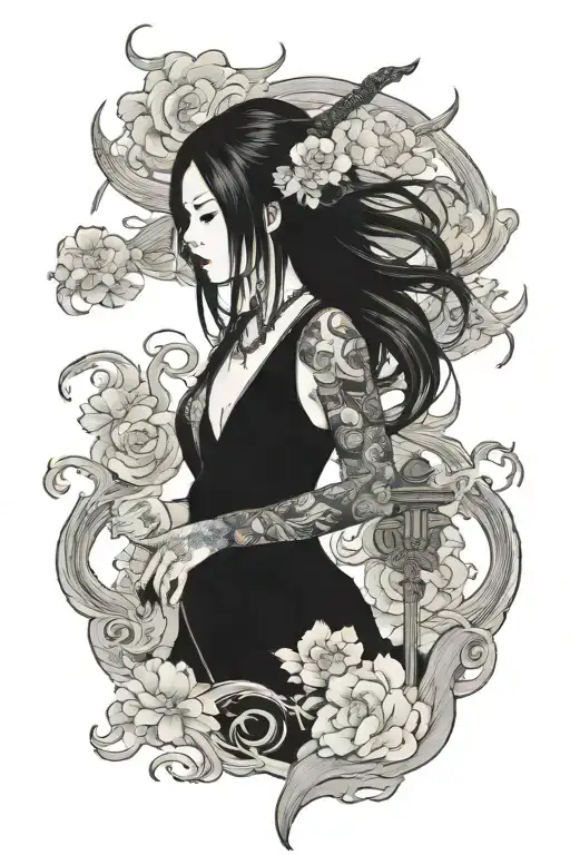 sexy goth girl long hair standing tall tattoo design idea