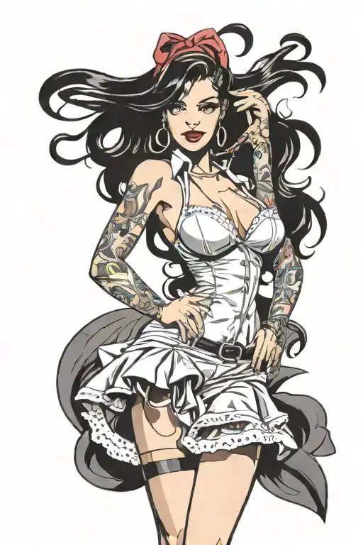 pinup girl sexy no border black hair full body standing tattoo design idea