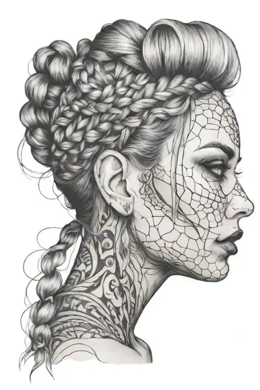 woman face braids tattoo design idea