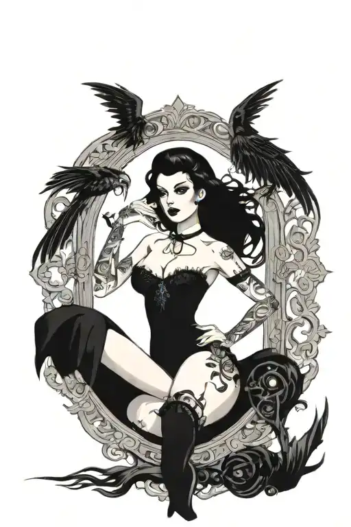 pinup girl sexy no border black hair full body standing tattoo design idea
