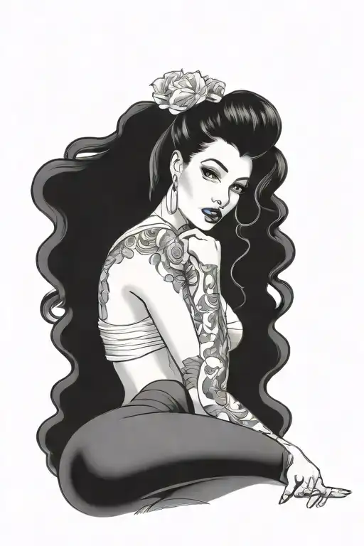 pinup girl sexy no border black hair full body tattoo design idea
